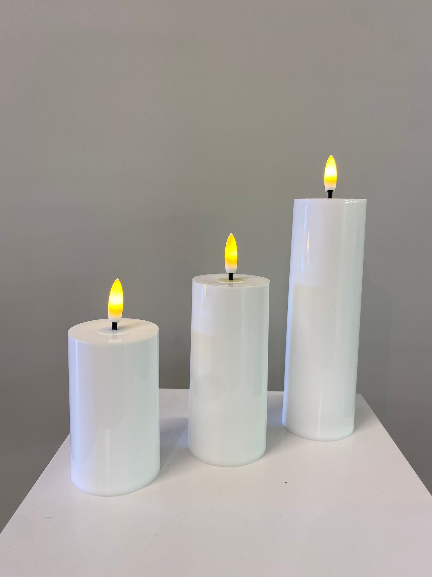 Hire 100 White Pillar Candles LED, Batteries Included, 19cm, 14cm, 11cm, Please Contact Us