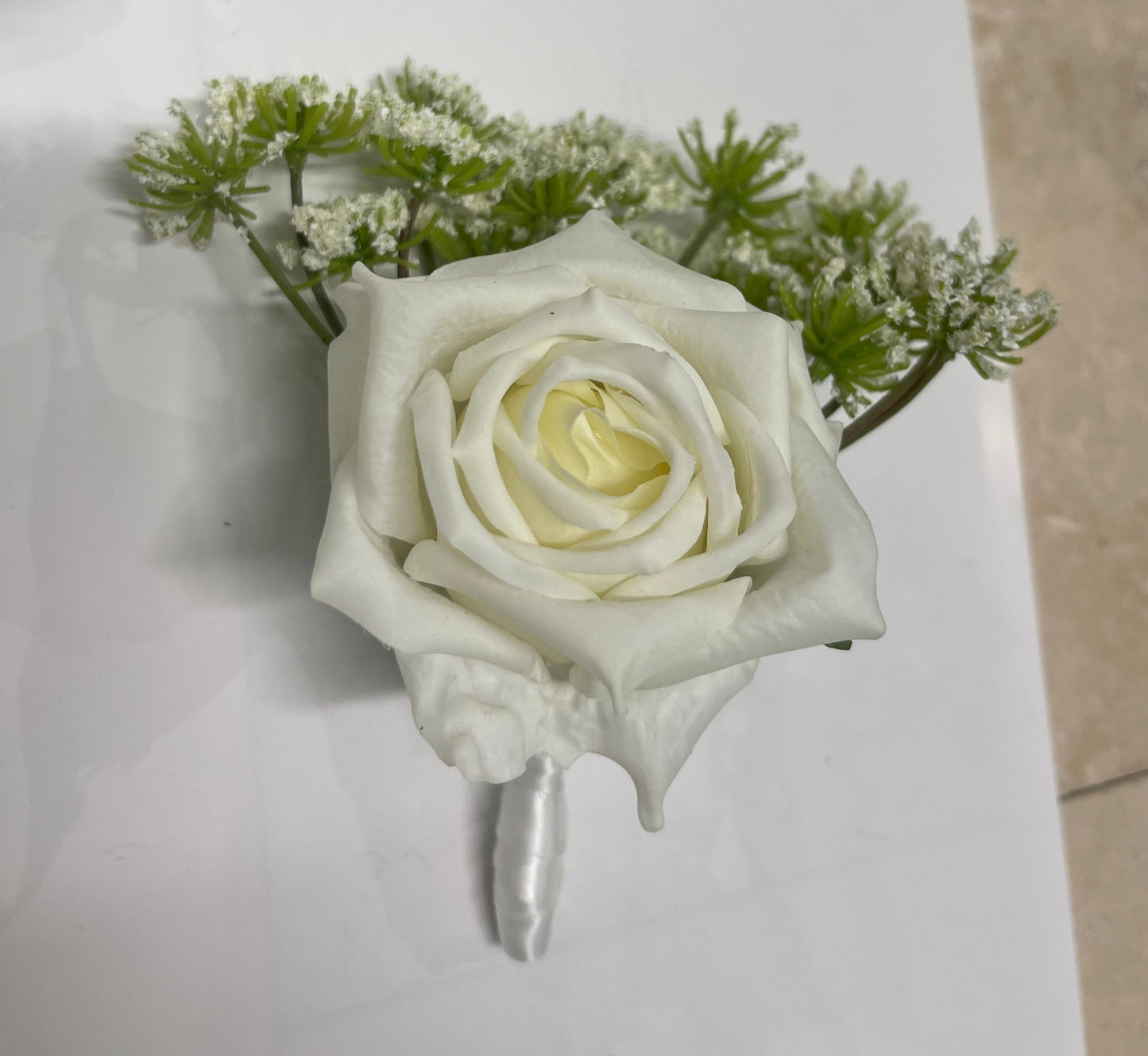 White Lola Rose with Queen Anne’s Lace Buttonhole