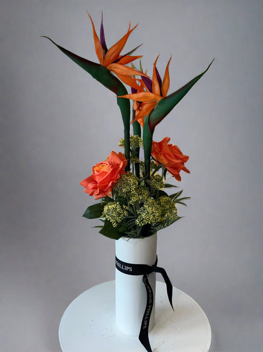 Orange Roses and birds of paradise Arrangement, Artificial Flowers Arrangement, Faux Flowers Arrangement