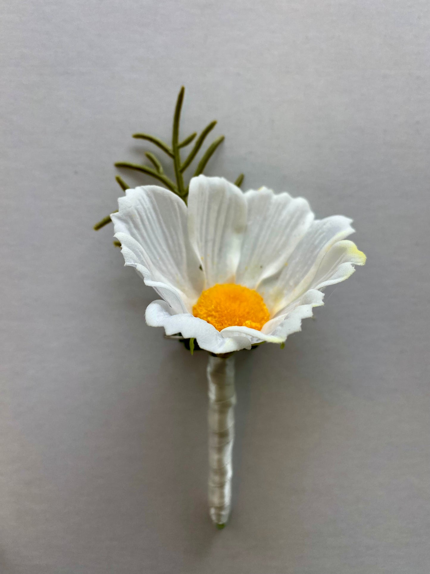 Real Touch White Cosmos Buttonhole With Greenery