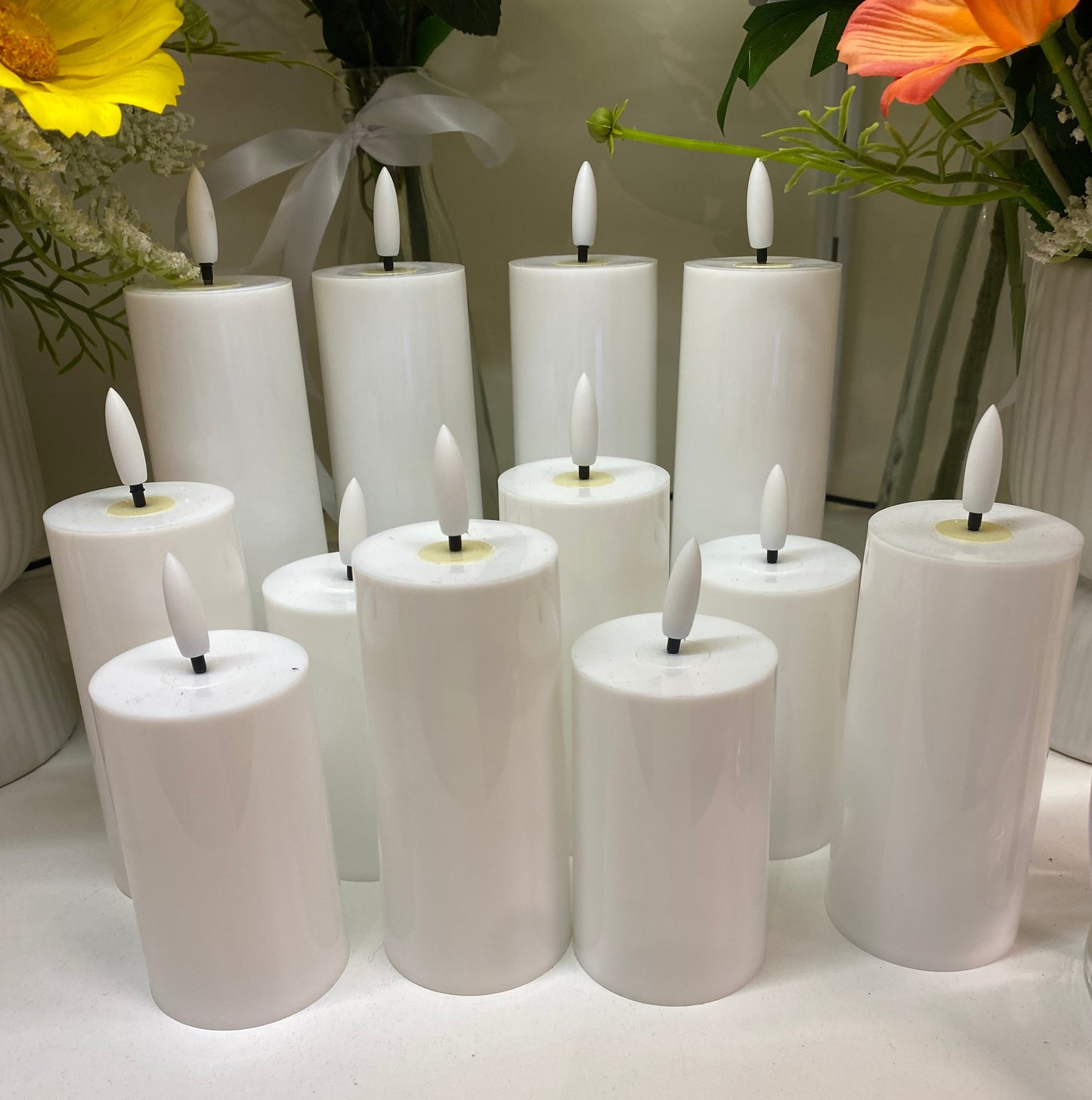 Hire 200 White Pillar Candles LED, Batteries Included, 19cm, 14cm, 11cm, Please Contact Us,