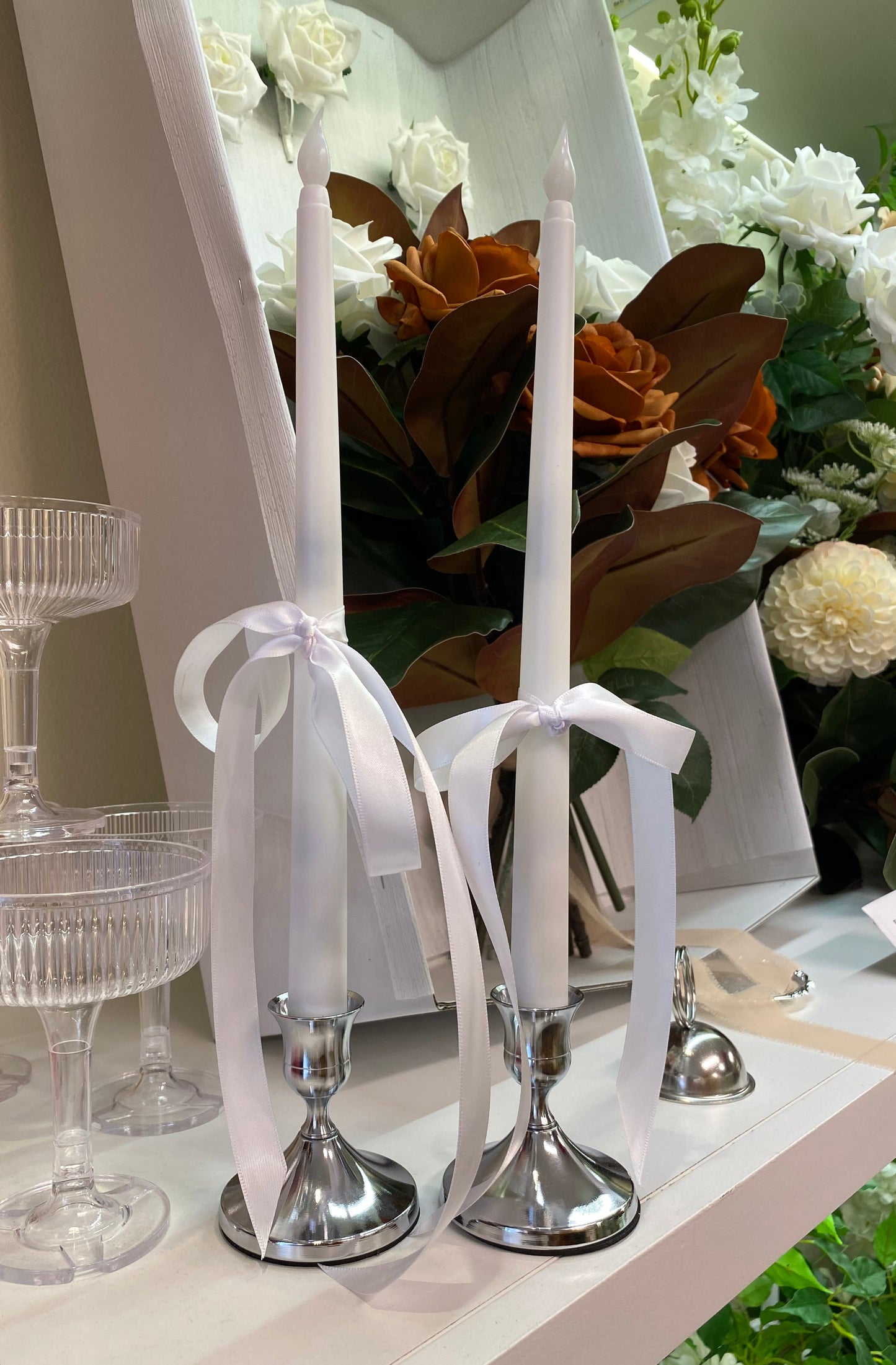 Hire 200 Assorted Silver/Gold Metal Candle Holders & White LED Taper Candles, Please Contact Us,