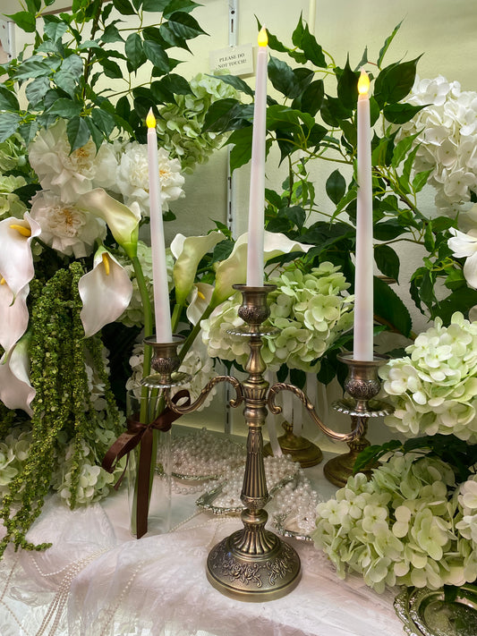 Hire 100x Assorted Silver/Gold Metal Candle Holders & White LED Taper Candles, Please Contact Us,