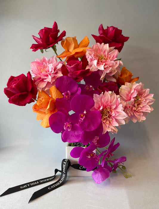 Hot Pink And Orange roses  Flower Arrangement, Artificial Flowers Arrangement, Faux Flowers Arrangement,
