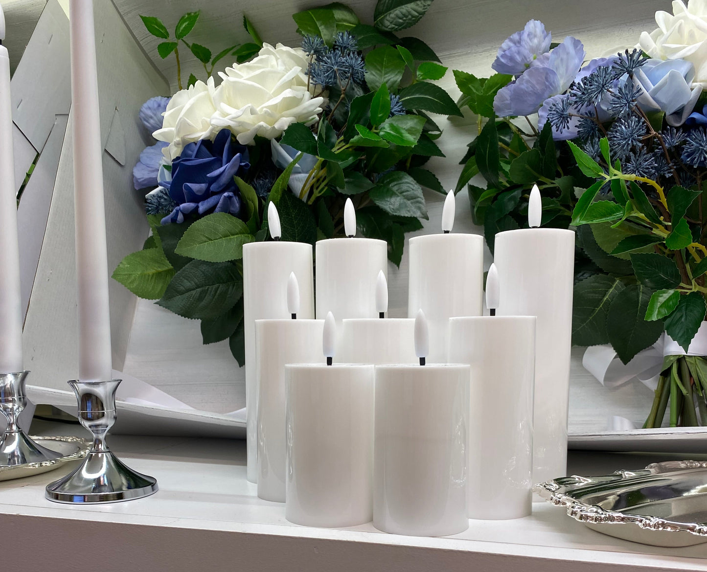 Hire 200 White Pillar Candles LED, Batteries Included, 19cm, 14cm, 11cm, Please Contact Us,