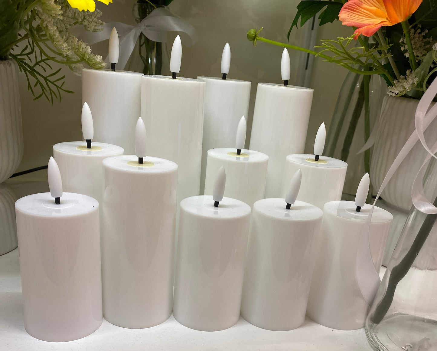 Hire 100 White Pillar Candles LED, Batteries Included, 19cm, 14cm, 11cm, Please Contact Us
